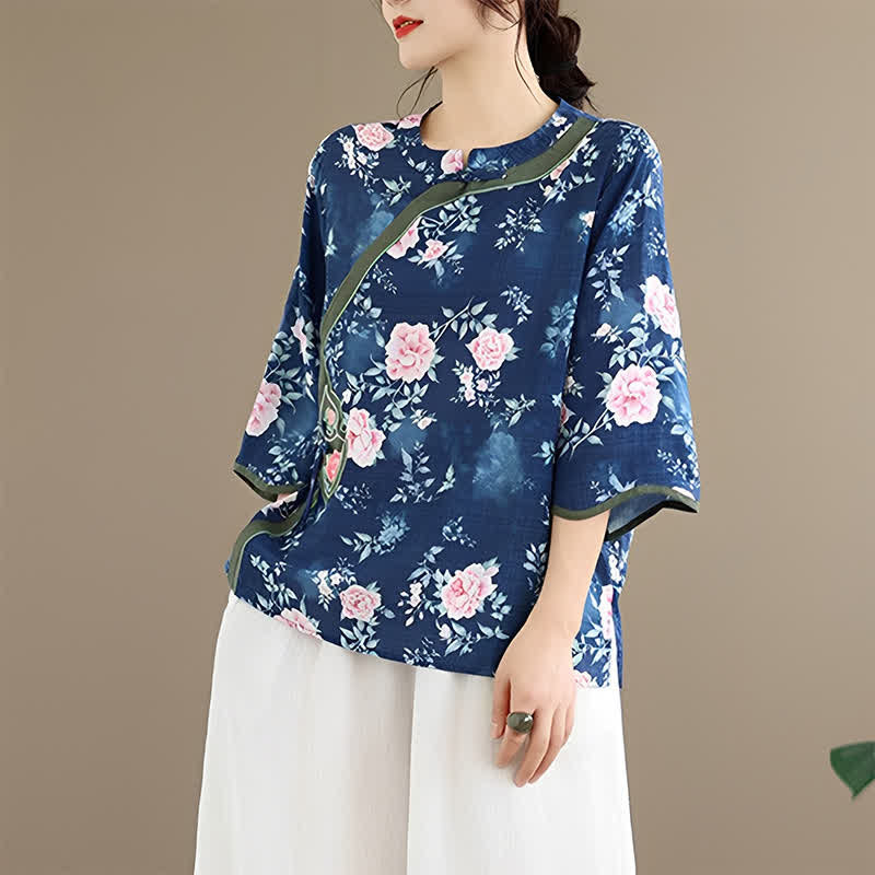 Nimara Ritual Summer Casual Tang Style Frog Button Pink Peony Floral Women's Elbow-Length Sleeve Shirts
