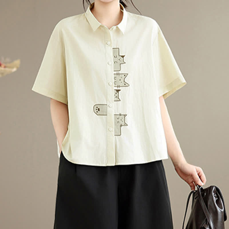 Nimara Ritual Summer Casual Minimalist Button-Up Cat Embroidery Women's Short Sleeve Shirts