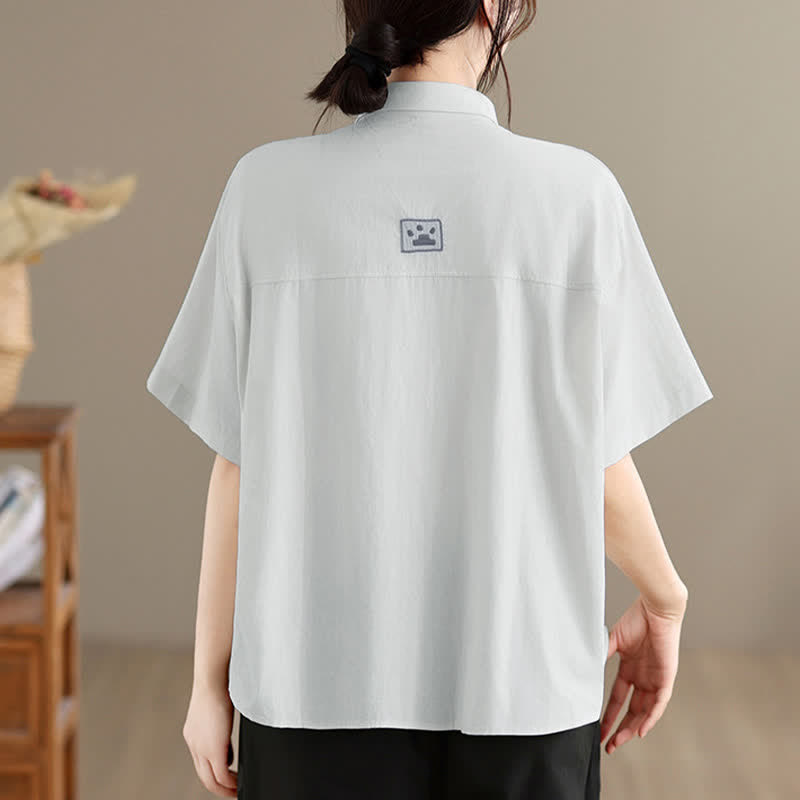 Nimara Ritual Summer Casual Minimalist Button-Up Cat Embroidery Women's Short Sleeve Shirts