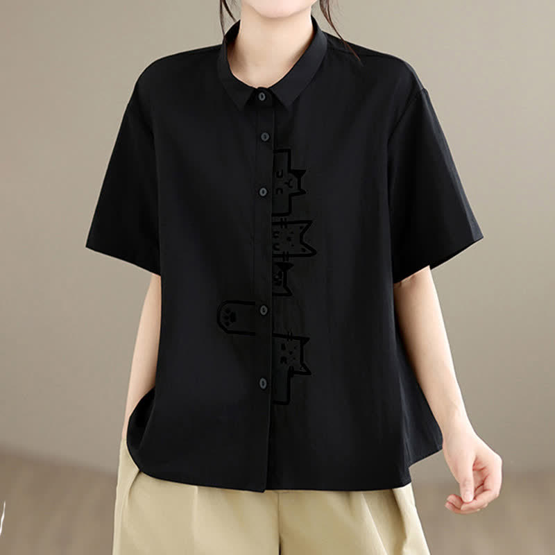 Nimara Ritual Summer Casual Minimalist Button-Up Cat Embroidery Women's Short Sleeve Shirts