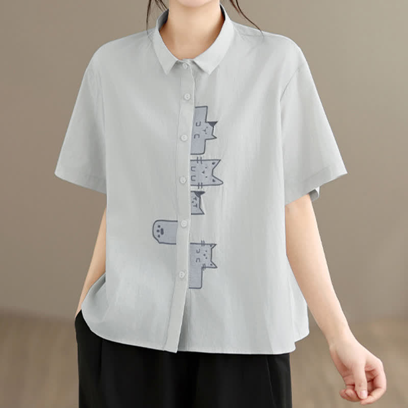Nimara Ritual Summer Casual Minimalist Button-Up Cat Embroidery Women's Short Sleeve Shirts