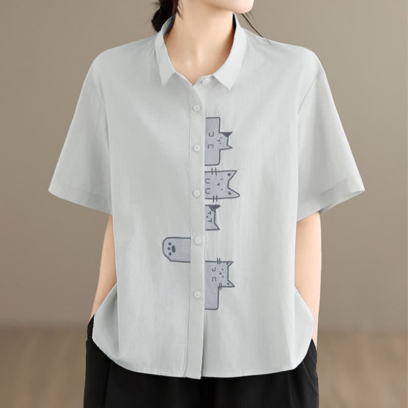 Nimara Ritual Summer Casual Minimalist Button-Up Cat Embroidery Women's Short Sleeve Shirts
