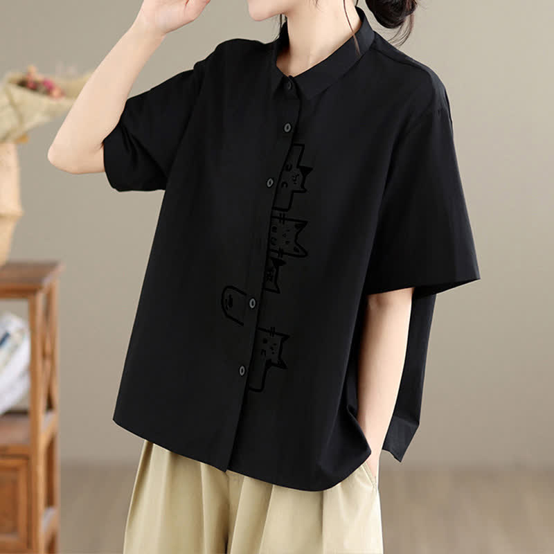 Nimara Ritual Summer Casual Minimalist Button-Up Cat Embroidery Women's Short Sleeve Shirts
