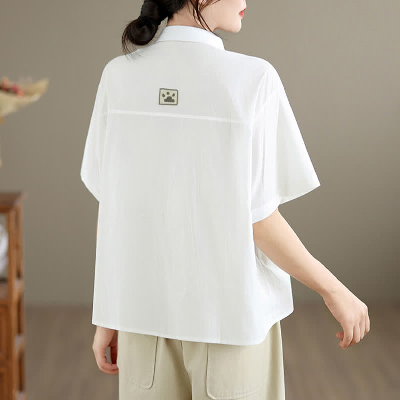 Nimara Ritual Summer Casual Minimalist Button-Up Cat Embroidery Women's Short Sleeve Shirts