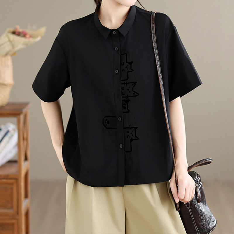 Nimara Ritual Summer Casual Minimalist Button-Up Cat Embroidery Women's Short Sleeve Shirts