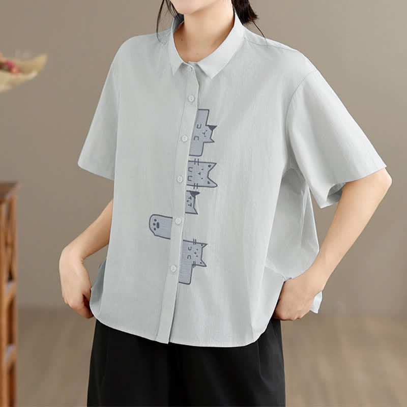 Nimara Ritual Summer Casual Minimalist Button-Up Cat Embroidery Women's Short Sleeve Shirts