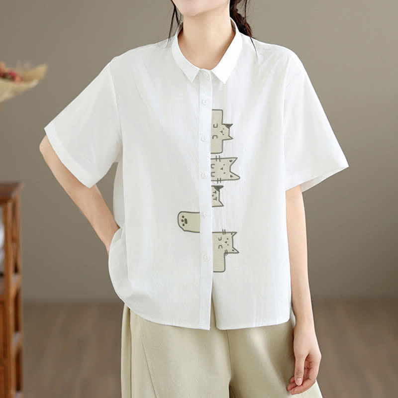 Nimara Ritual Summer Casual Minimalist Button-Up Cat Embroidery Women's Short Sleeve Shirts