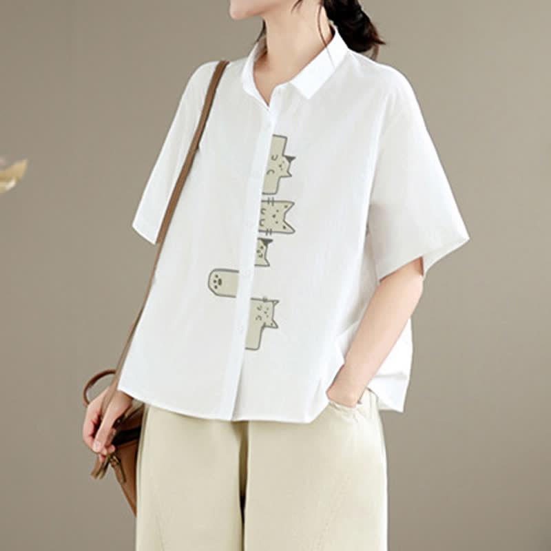 Nimara Ritual Summer Casual Minimalist Button-Up Cat Embroidery Women's Short Sleeve Shirts