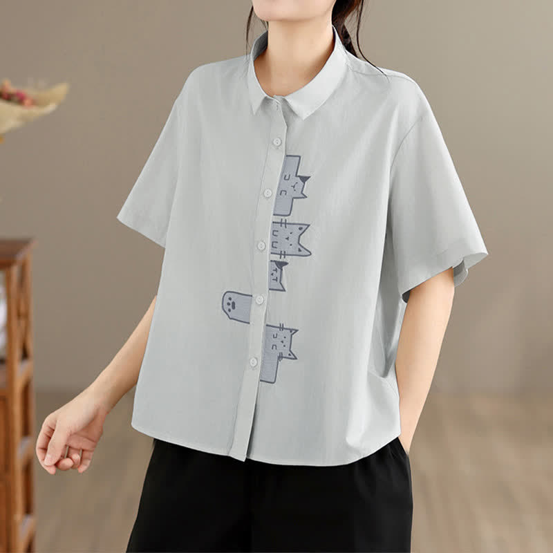 Nimara Ritual Summer Casual Minimalist Button-Up Cat Embroidery Women's Short Sleeve Shirts