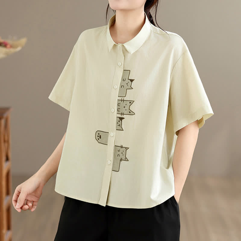 Nimara Ritual Summer Casual Minimalist Button-Up Cat Embroidery Women's Short Sleeve Shirts