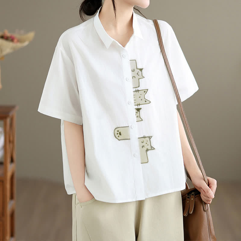 Nimara Ritual Summer Casual Minimalist Button-Up Cat Embroidery Women's Short Sleeve Shirts