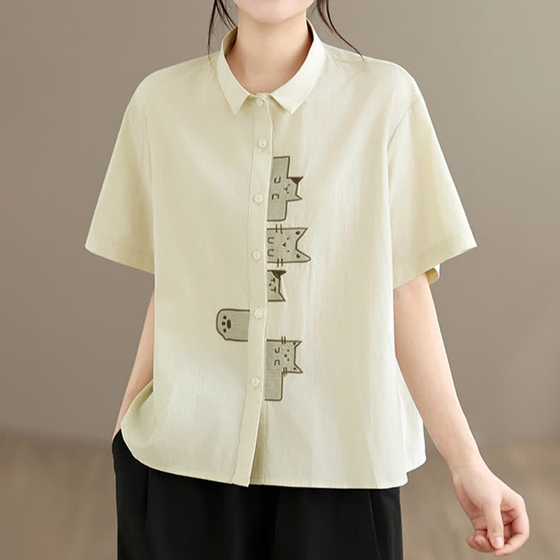Nimara Ritual Summer Casual Minimalist Button-Up Cat Embroidery Women's Short Sleeve Shirts