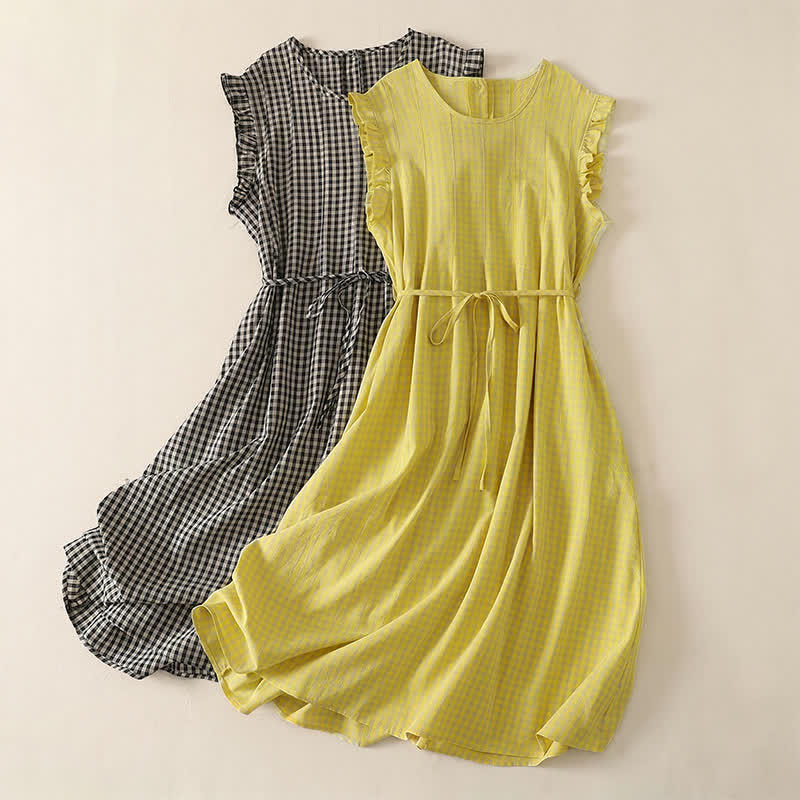Nimara Ritual Summer Vintage Casual Drawstring Plaid Cotton Linen Women's Summer Sleeveless Dress With Pocket