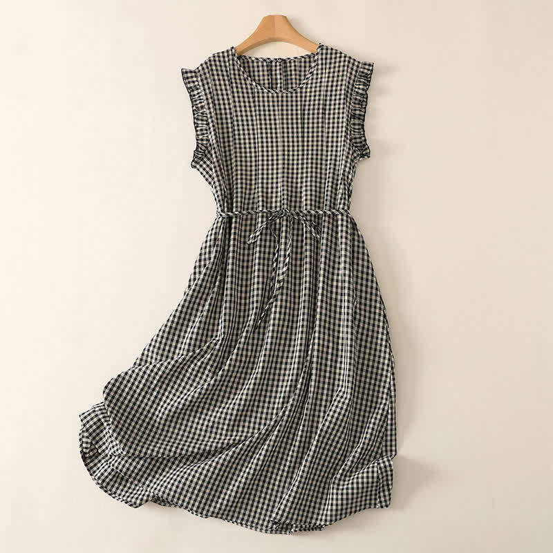 Nimara Ritual Summer Vintage Casual Drawstring Plaid Cotton Linen Women's Summer Sleeveless Dress With Pocket