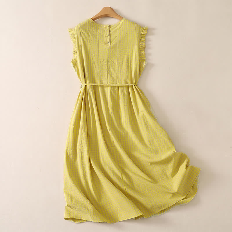Nimara Ritual Summer Vintage Casual Drawstring Plaid Cotton Linen Women's Summer Sleeveless Dress With Pocket