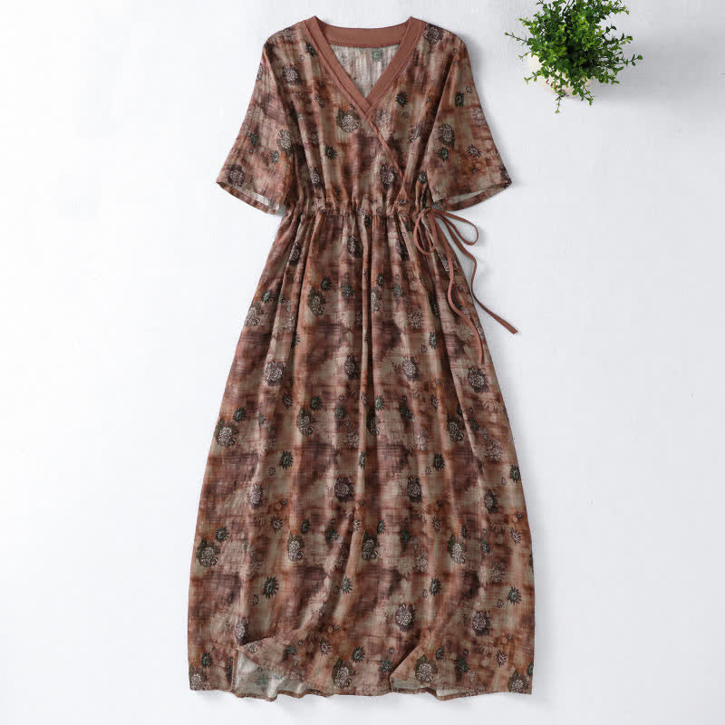 Nimara Ritual Summer Vintage Drawstring Floral V-Neck Women's Short Sleeve Dress With Pocket
