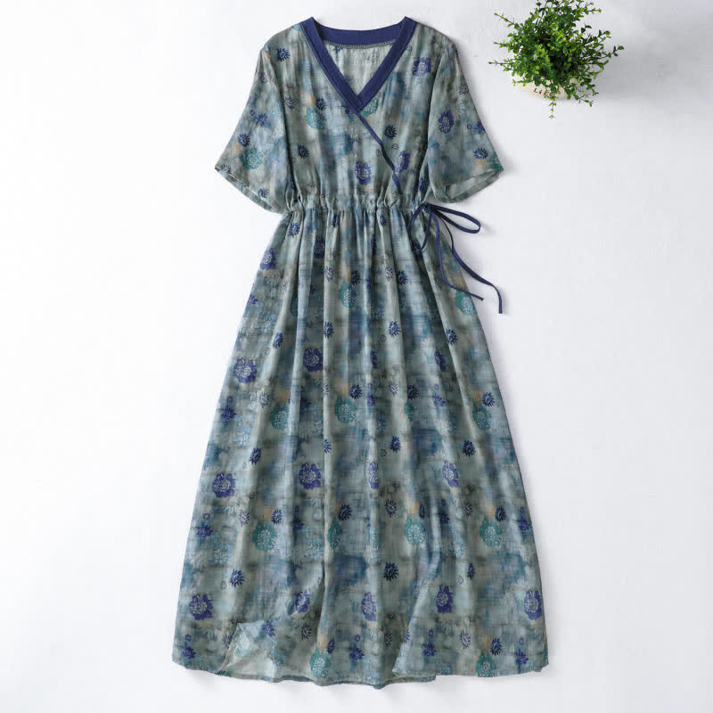 Nimara Ritual Summer Vintage Drawstring Floral V-Neck Women's Short Sleeve Dress With Pocket