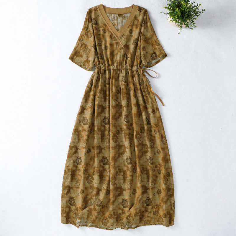 Nimara Ritual Summer Vintage Drawstring Floral V-Neck Women's Short Sleeve Dress With Pocket
