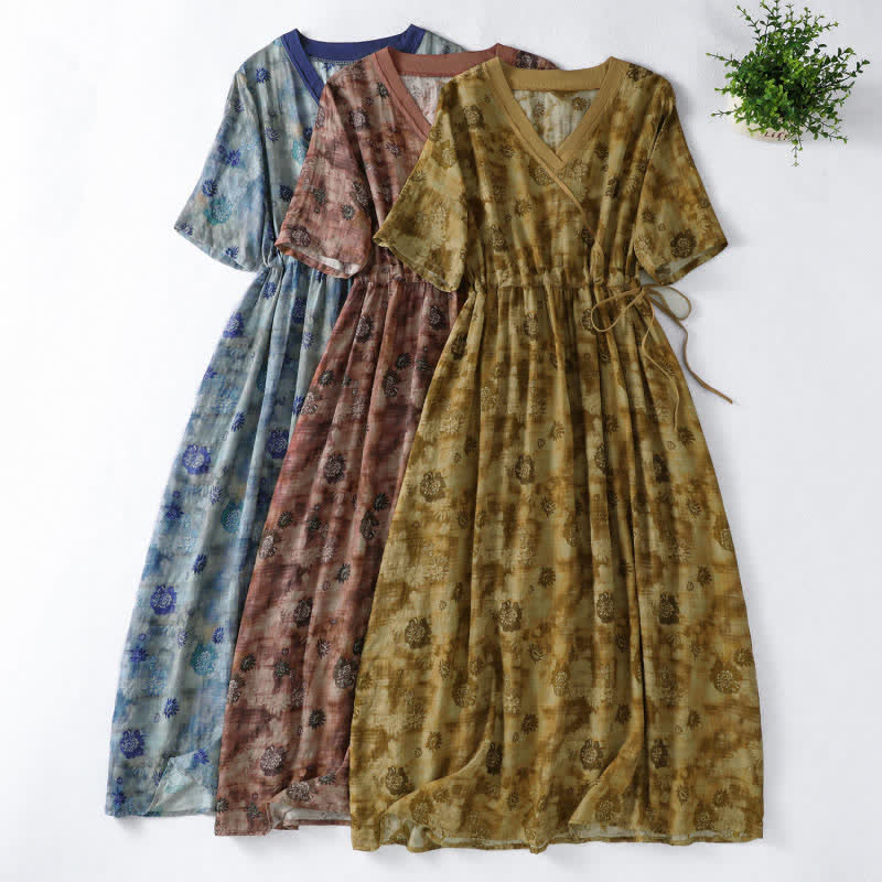 Nimara Ritual Summer Vintage Drawstring Floral V-Neck Women's Short Sleeve Dress With Pocket