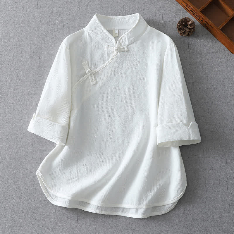 Nimara Ritual Summer Tang Style Casual Mandarin Collar Solid Women's Elbow-Length Sleeve Shirts