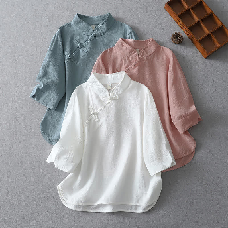 Nimara Ritual Summer Tang Style Casual Mandarin Collar Solid Women's Elbow-Length Sleeve Shirts