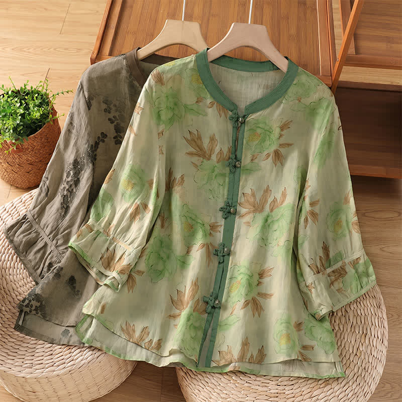 Nimara Ritual Summer Vintage Tang Style Mandarin Collar Floral Leaves Women's Short Sleeve Shirts