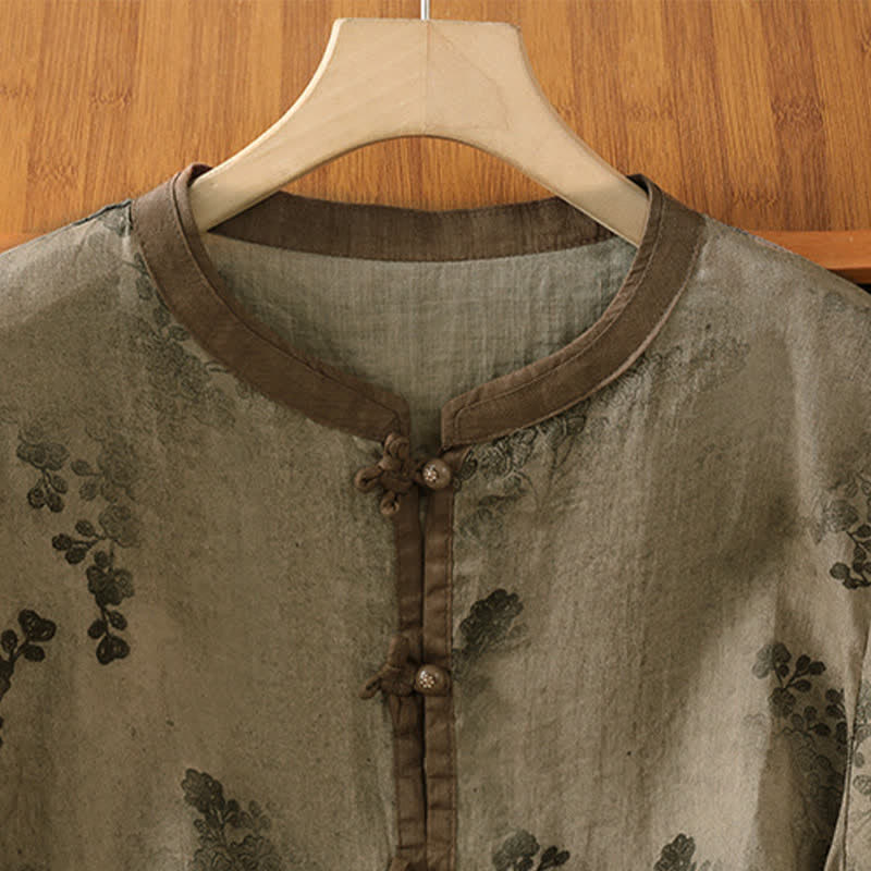 Nimara Ritual Summer Vintage Tang Style Mandarin Collar Floral Leaves Women's Short Sleeve Shirts