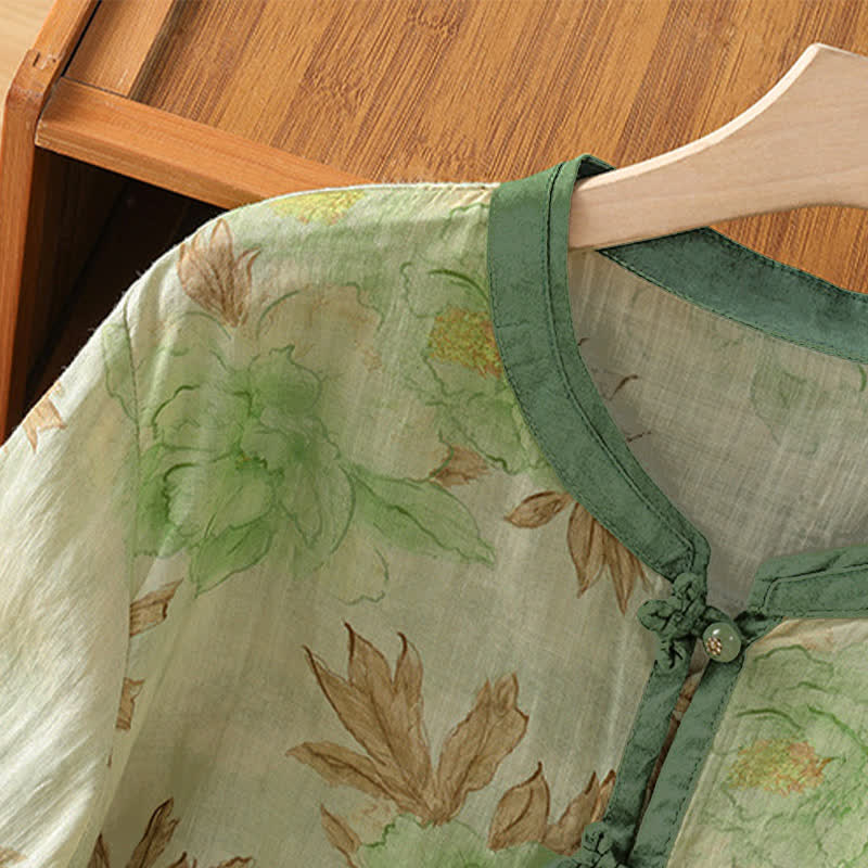 Nimara Ritual Summer Vintage Tang Style Mandarin Collar Floral Leaves Women's Short Sleeve Shirts
