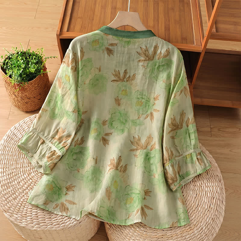 Nimara Ritual Summer Vintage Tang Style Mandarin Collar Floral Leaves Women's Short Sleeve Shirts
