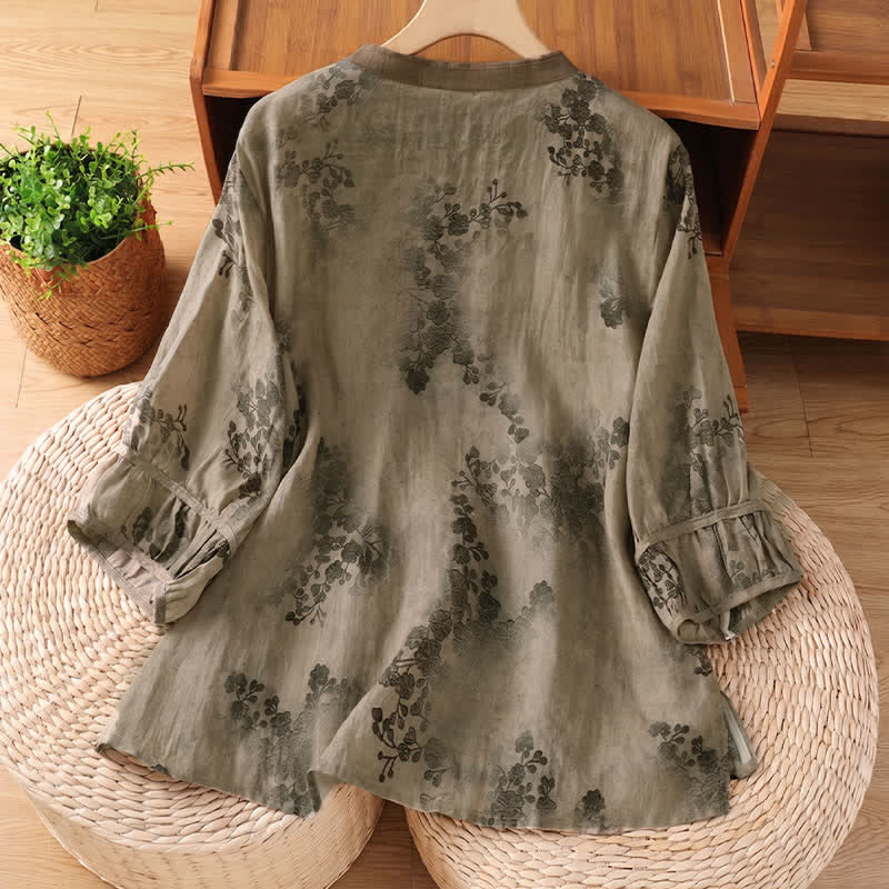 Nimara Ritual Summer Vintage Tang Style Mandarin Collar Floral Leaves Women's Short Sleeve Shirts