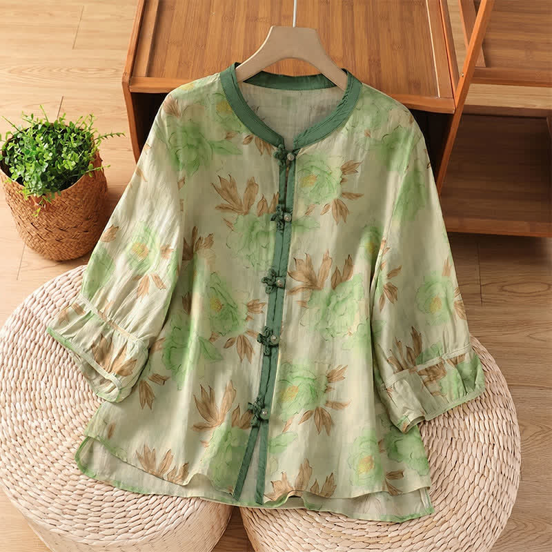 Nimara Ritual Summer Vintage Tang Style Mandarin Collar Floral Leaves Women's Short Sleeve Shirts