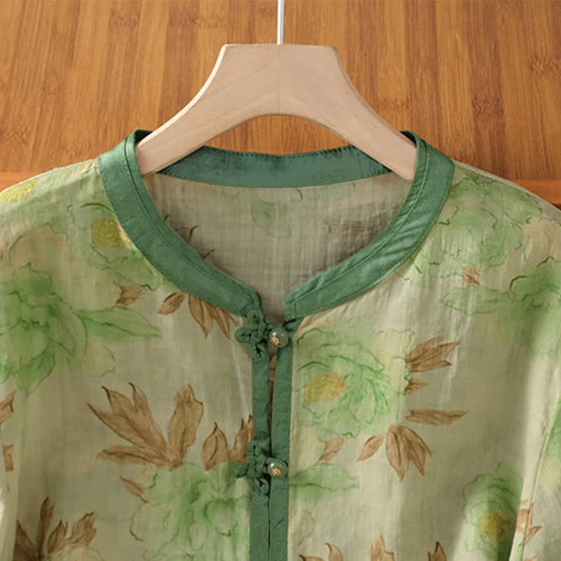 Nimara Ritual Summer Vintage Tang Style Mandarin Collar Floral Leaves Women's Short Sleeve Shirts