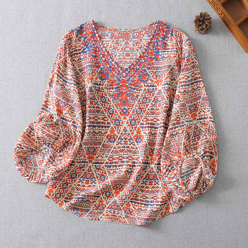 Nimara Ritual Summer Boho Vintage Red Geometric V-Neck Women's Long Sleeve T-Shirt