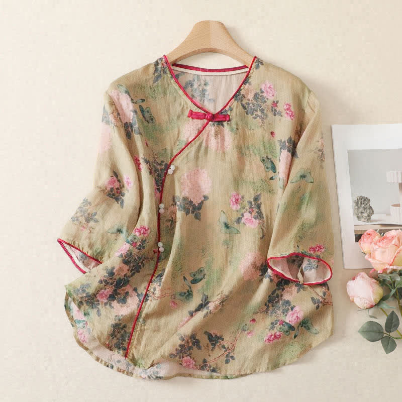 Nimara Ritual Summer Tang Style Vintage Mandarin Collar Pink Rose Floral Women's Elbow-Length Sleeve Shirts