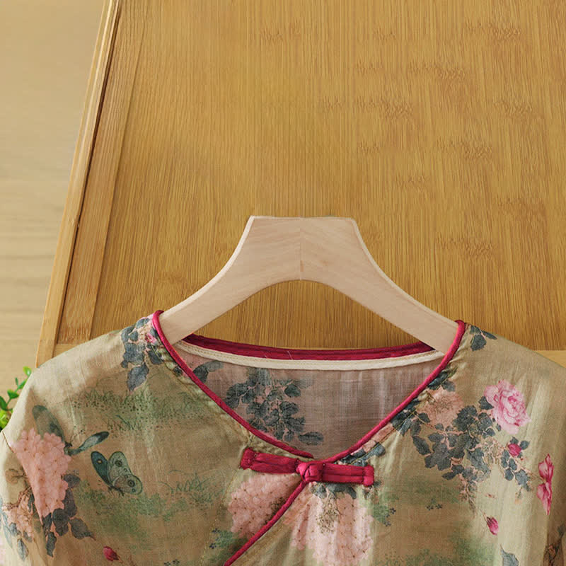 Nimara Ritual Summer Tang Style Vintage Mandarin Collar Pink Rose Floral Women's Elbow-Length Sleeve Shirts