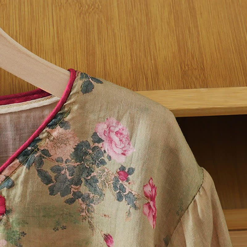 Nimara Ritual Summer Tang Style Vintage Mandarin Collar Pink Rose Floral Women's Elbow-Length Sleeve Shirts