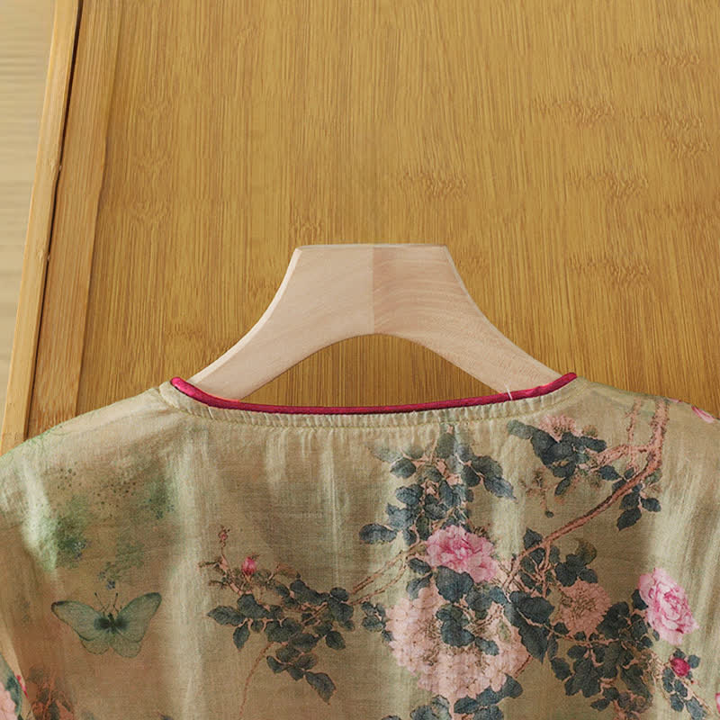 Nimara Ritual Summer Tang Style Vintage Mandarin Collar Pink Rose Floral Women's Elbow-Length Sleeve Shirts
