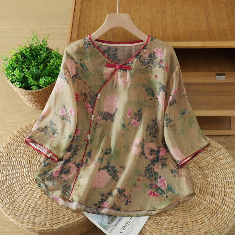 Nimara Ritual Summer Tang Style Vintage Mandarin Collar Pink Rose Floral Women's Elbow-Length Sleeve Shirts