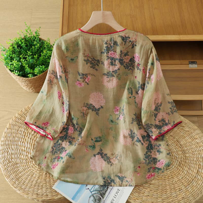 Nimara Ritual Summer Tang Style Vintage Mandarin Collar Pink Rose Floral Women's Elbow-Length Sleeve Shirts