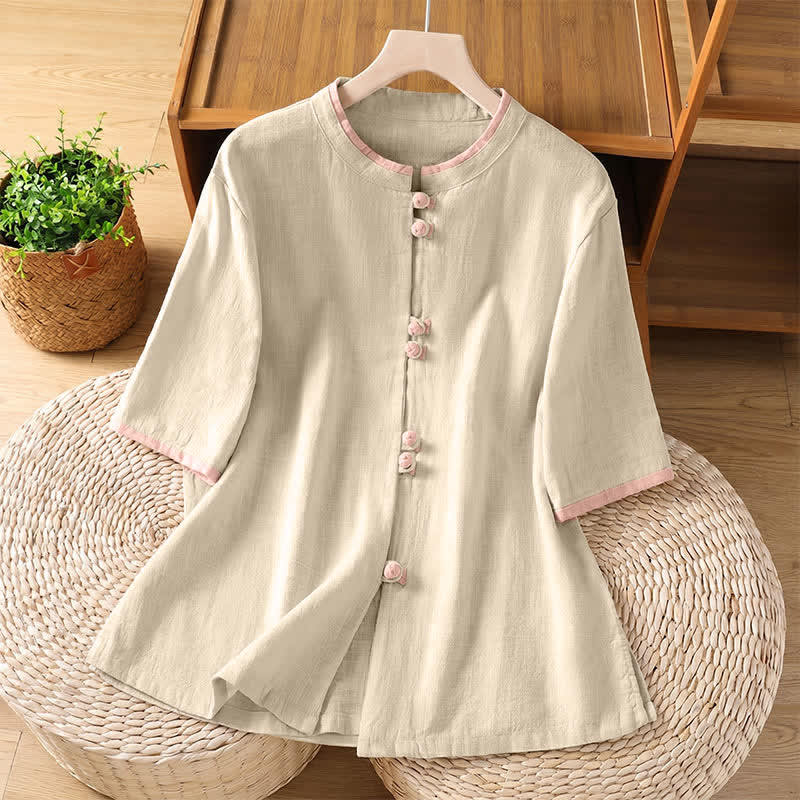 Nimara Ritual Summer Tang Style Vintage Frog Button Crew Neck Contrast Women's Short Sleeve Shirts