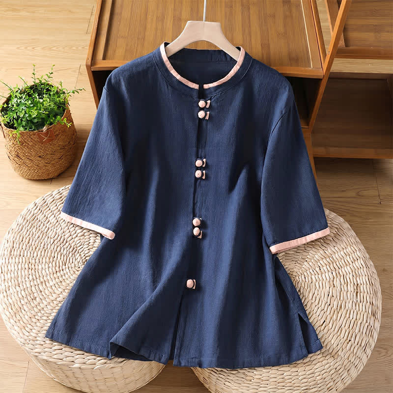 Nimara Ritual Summer Tang Style Vintage Frog Button Crew Neck Contrast Women's Short Sleeve Shirts