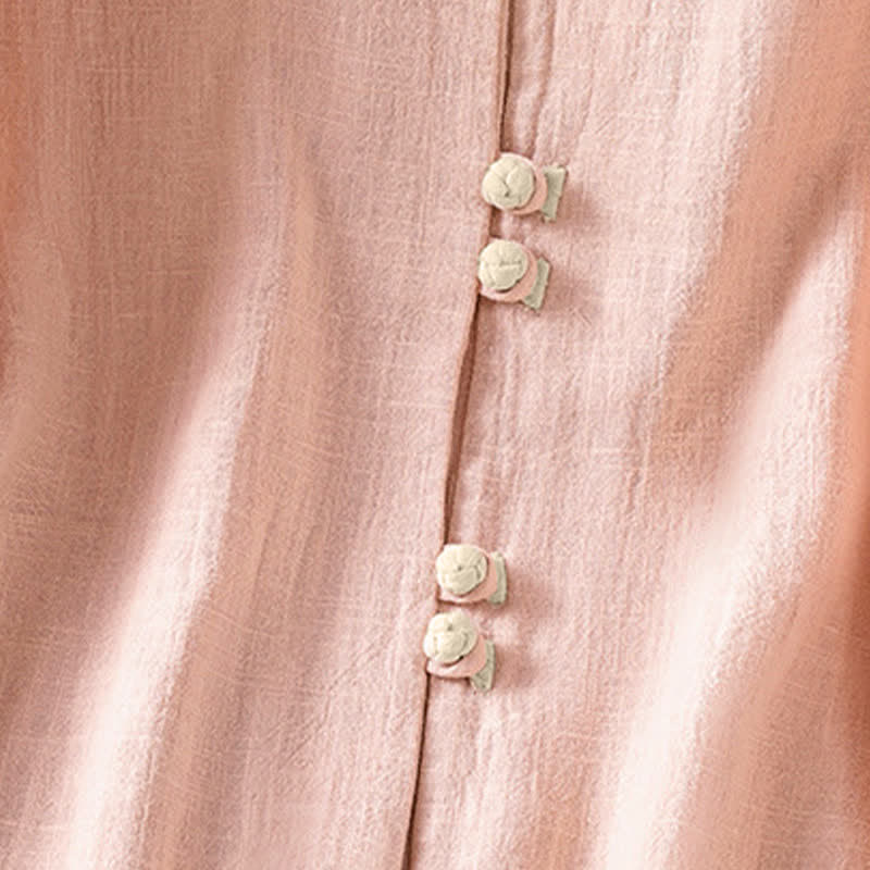 Nimara Ritual Summer Tang Style Vintage Frog Button Crew Neck Contrast Women's Short Sleeve Shirts