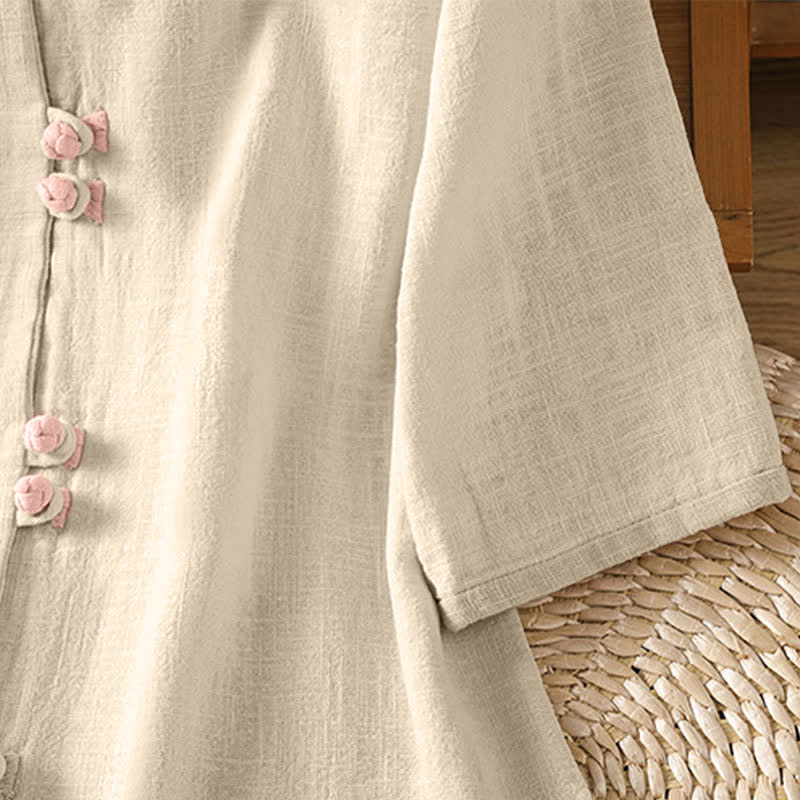 Nimara Ritual Summer Tang Style Vintage Frog Button Crew Neck Contrast Women's Short Sleeve Shirts