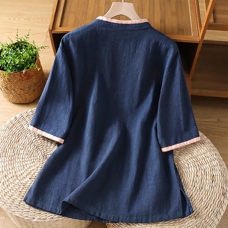 Nimara Ritual Summer Tang Style Vintage Frog Button Crew Neck Contrast Women's Short Sleeve Shirts