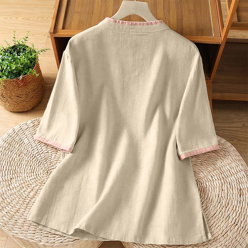 Nimara Ritual Summer Tang Style Vintage Frog Button Crew Neck Contrast Women's Short Sleeve Shirts
