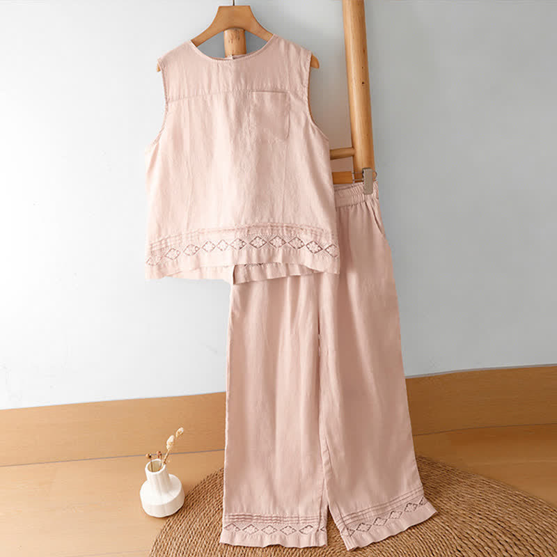 Nimara Ritual Summer Casual Vintage Geometric Tank Top Hollow Hem Back Buttons Women's Sleeveless Shirts With Patch Pocket
