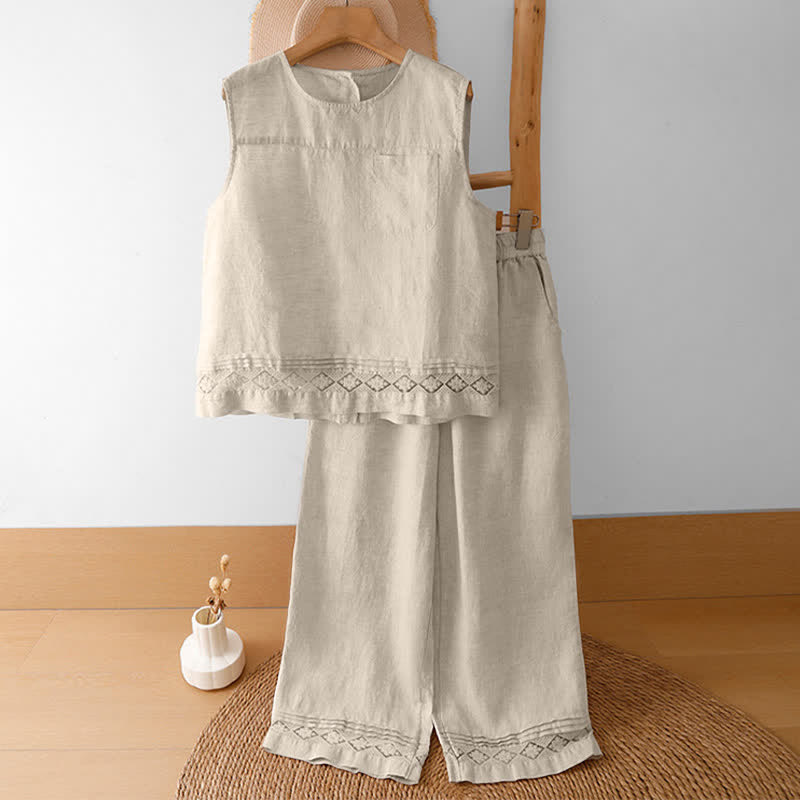 Nimara Ritual Summer Casual Vintage Geometric Tank Top Hollow Hem Back Buttons Women's Sleeveless Shirts With Patch Pocket
