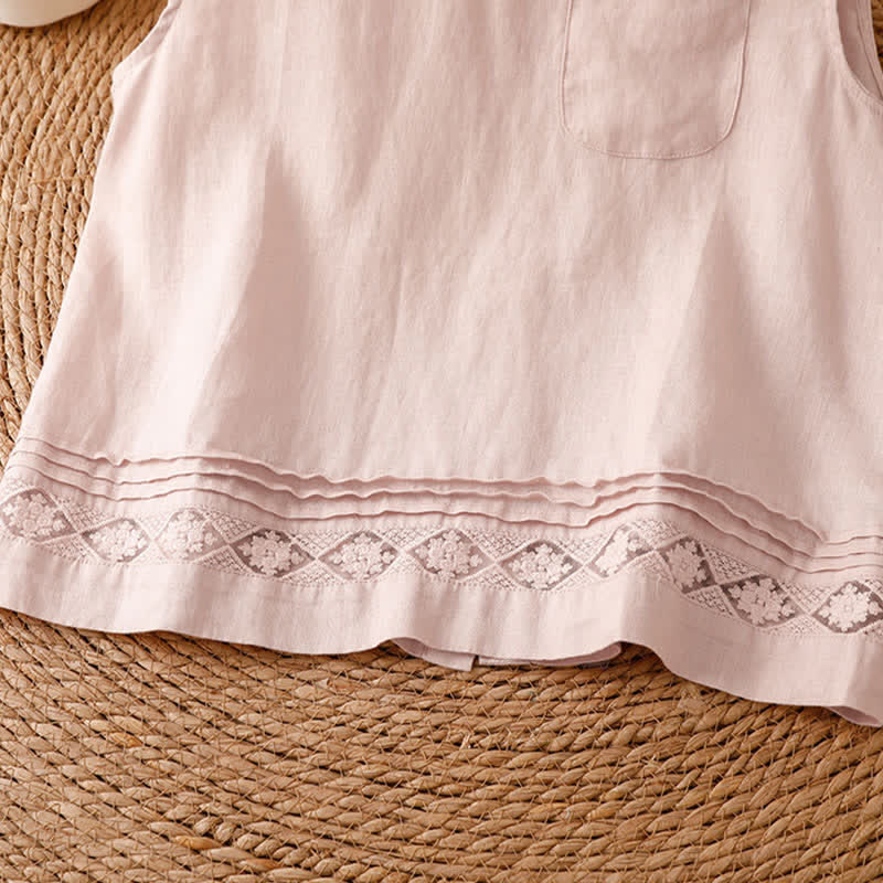 Nimara Ritual Summer Casual Vintage Geometric Tank Top Hollow Hem Back Buttons Women's Sleeveless Shirts With Patch Pocket
