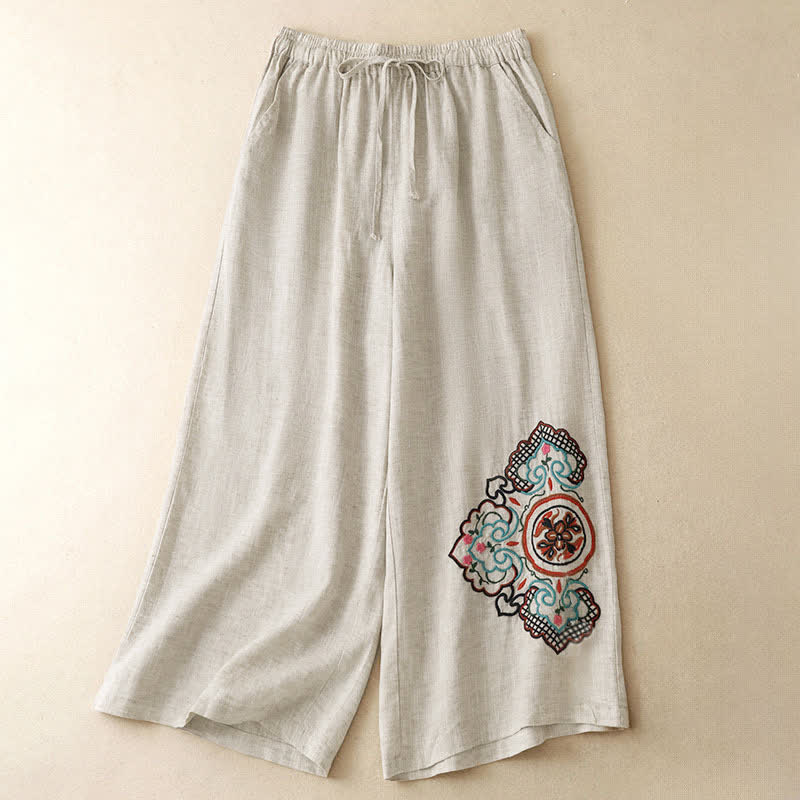 Nimara Ritual Summer Casual Embroidery Floral Capri Pants Women's Wide Leg Pants With Pocket