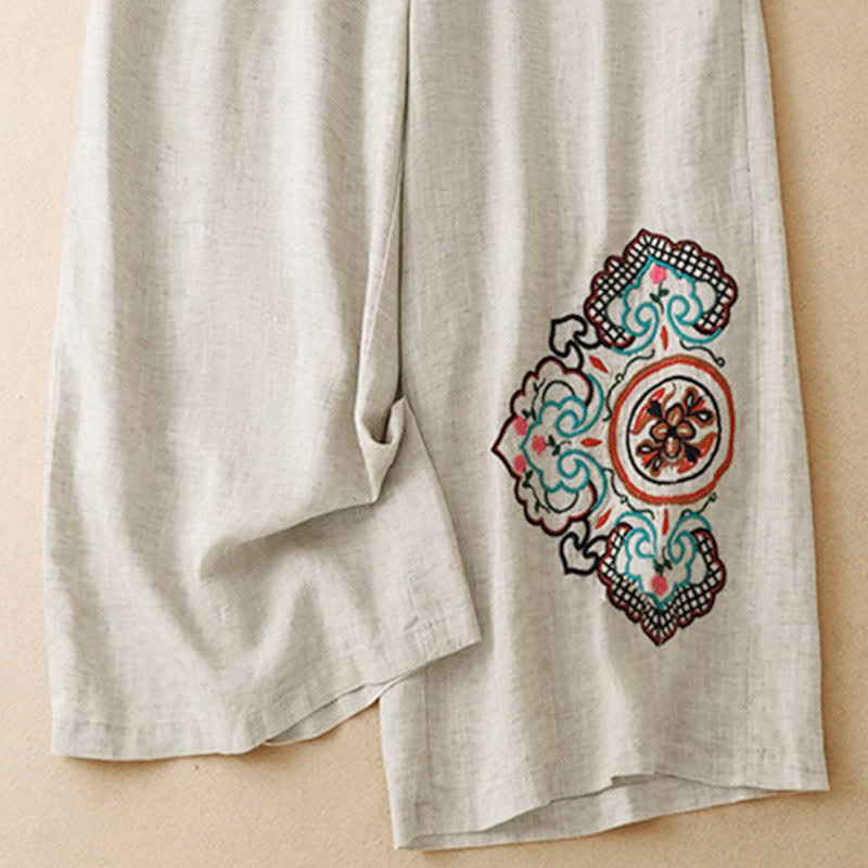 Nimara Ritual Summer Casual Embroidery Floral Capri Pants Women's Wide Leg Pants With Pocket